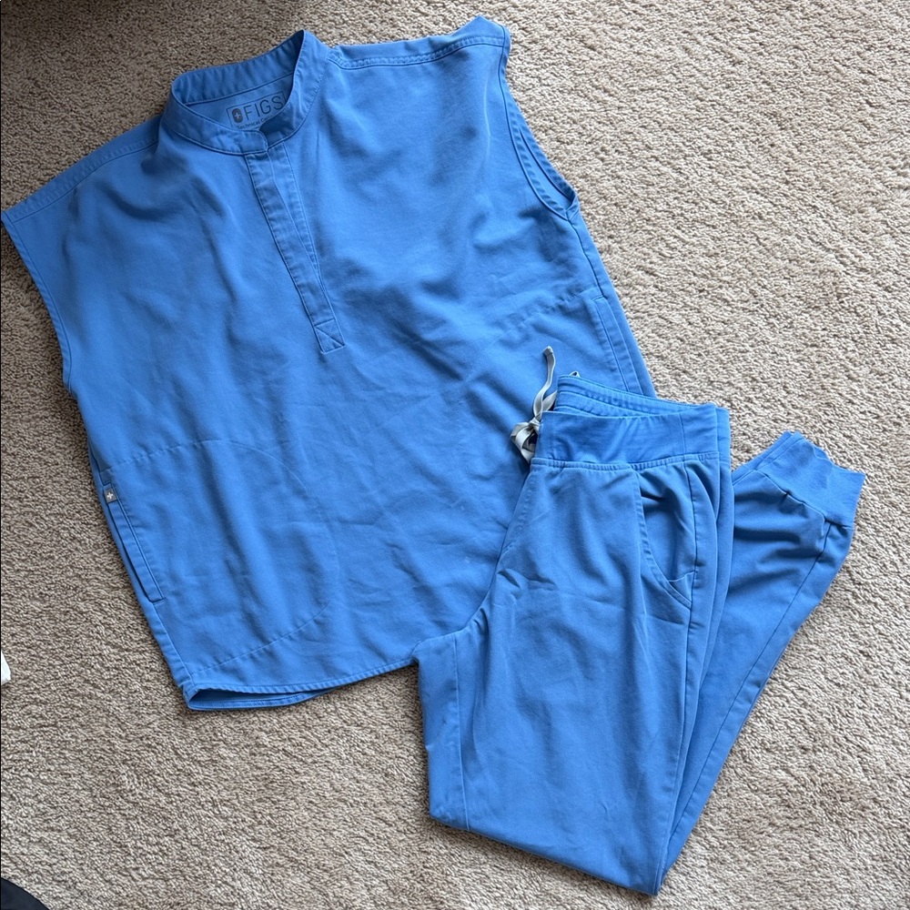 Figs Blue Mandarin Collar Scrub Top & Jogger Set